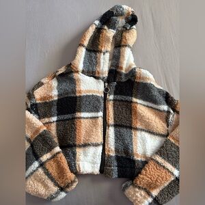 Love Plaid Sherpa Zip-Up Hooded Jacket – Size L (Fits Like S)